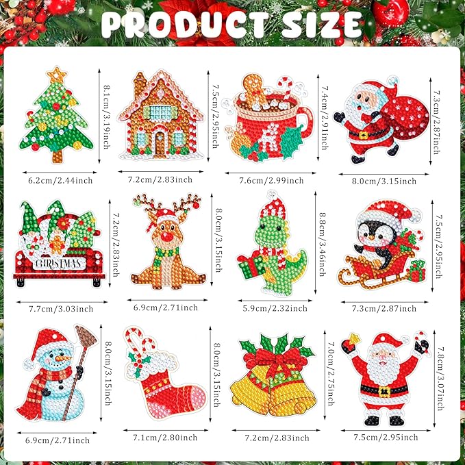 12 Pieces Christmas Diamond Art Keychains Kits- Christmas Crafts for Adults - Arts and Crafts - Make Your Own Diamond Ornaments Painting Gift for Family Decor