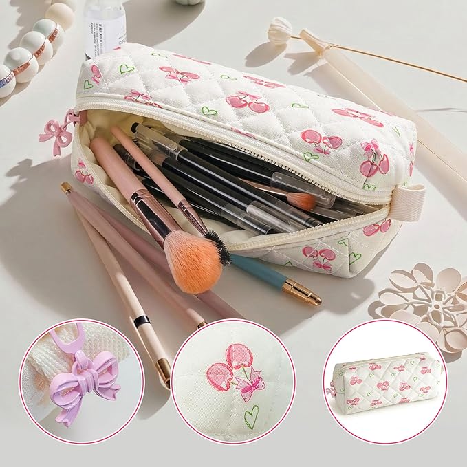 Cute Quilted Pencil Case for Girls Women, Aesthetic Small Floral Pencil Pouch,Slim Soft Pencil Bag for School Supplies Makeup Pouch for School & Daily Use (Cherry Heart)