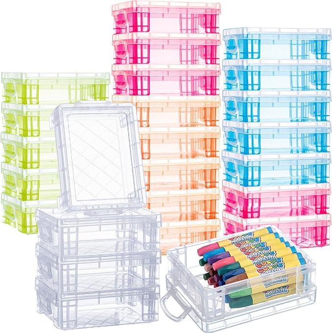 Suzile 25 Pcs Plastic Crayon Boxes with Snap Lids Crayon Storage Organizer Stackable Container Bulk Pencil Case for Pen Crafts Classroom Supplies(Clear, Red, Blue, Green,Orange)
