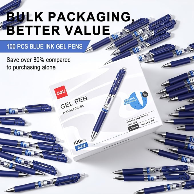 deli Gel Pens, 100 Pcs 0.7mm Retractable Pens Blue Ink | Medium Point Pen, Smooth Writing, Fast Dry, No Bleed for Journaling Note Taking, Home School Office Supplies
