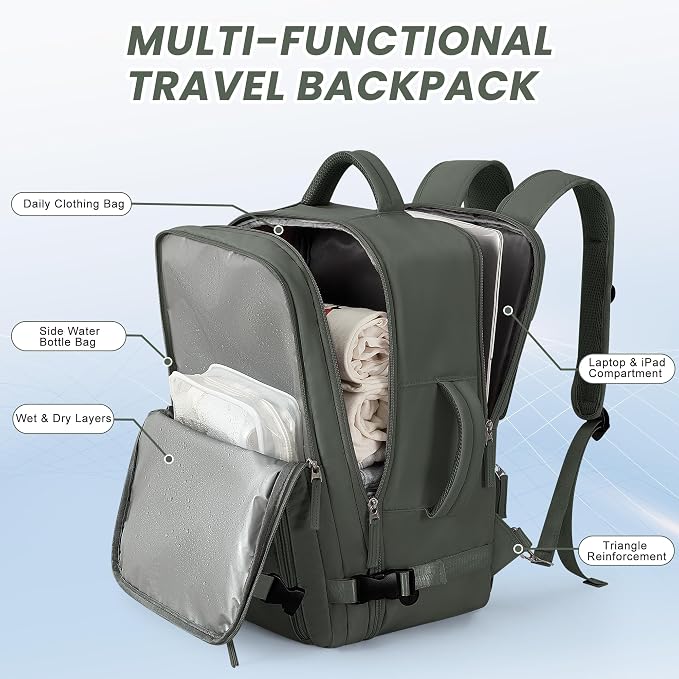 Beraliy Travel Backpack for Men Women,TSA Carry On Backpack Flight Approved | 16 Inch Laptop Waterproof Hiking Backpack, Casual Outdoor Daypack Bag for College Weenkender Business, Olive-green