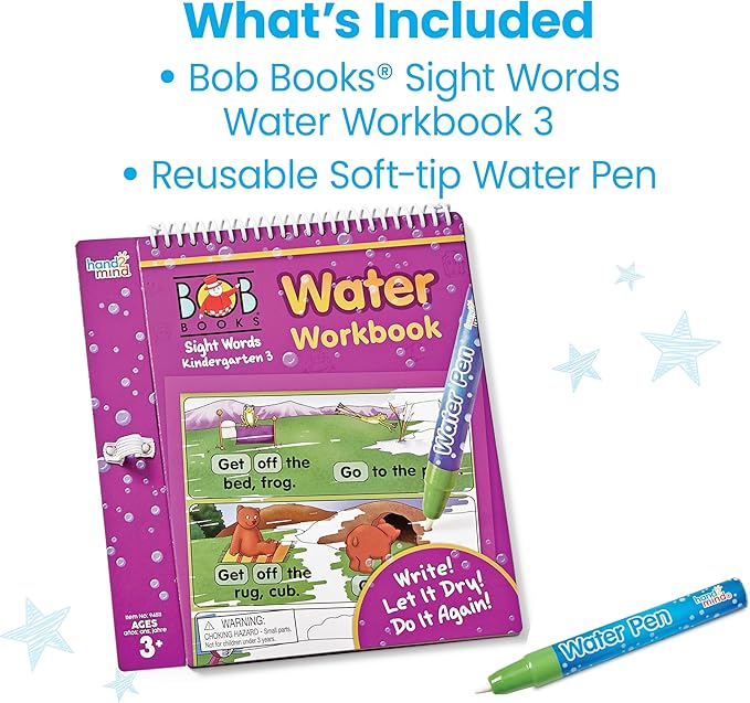 hand2mind Bob Books Water Workbook- Sight Words Kindergarten 3, Water Reveal Coloring Book for Toddlers, Mess Free Painting, Learn to Read, Quiet Time Activities for Kids 3-5, Kids Travel Must Haves