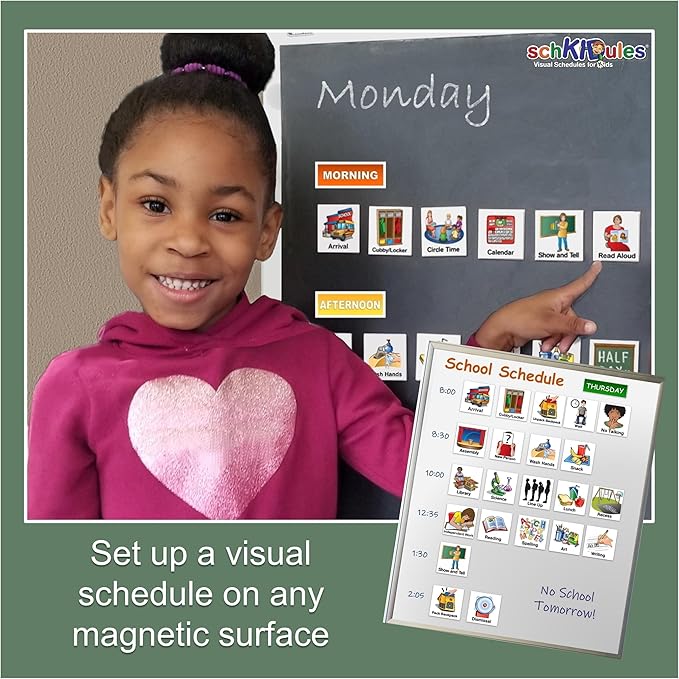SchKIDules 87-Pc Visual Schedule Magnets (School Collection) | Sized for Individual/Small Group Use | Special Ed & IEP Support | 66 (2x2) Activity Icons + 21 Headings | Available in English & Spanish