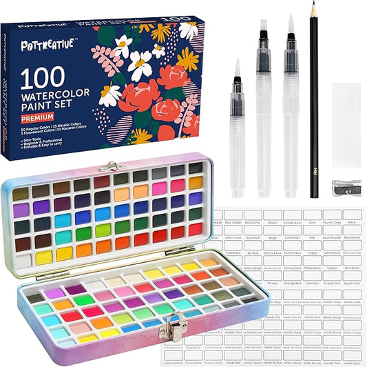 100 Solid Watercolor Paint Kit, Beginner Portable Travel Case with Brushes, Metallic, Macaron, Fluorescent Art Supplies for Anime, Portrait, Canvas Painting - Great Gift for Festivals, Back to School