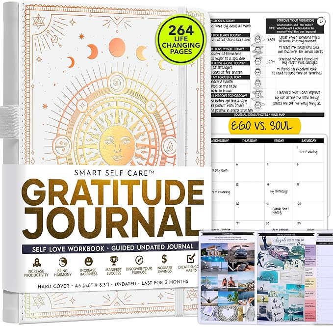 Gratitude Journal for Women and Men — 5 Minute Self Care Journal | Mindfulness, Manifestation, Affirmation | 3 Month Productivity Planner | Undated Daily Planner, Vision Board + Stickers