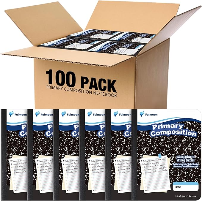 Fulmoon 100 Pack Primary Composition Notebook,Grade K-2 Journal Wide 3 Line Ruled,80 Pages,Marble Cover,7-1/2" x 9-3/4" Primary Writing Notebook for Kindergarten Preschool,1st 2nd Grad (Black Color)
