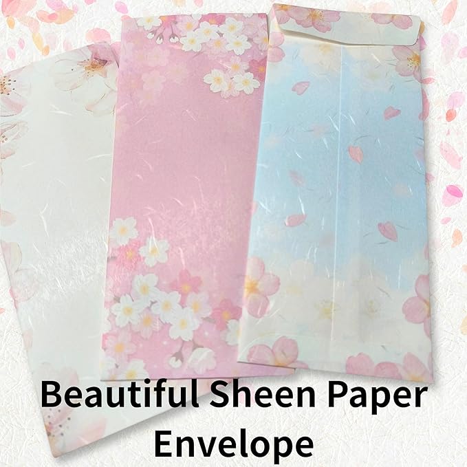 Japanese Cherry Blossom Envelopes 24 Pack (8 Pack x 3 Different Design Set), Made in Japan, Elegant Washi Paper, Self Sealing, Sakura