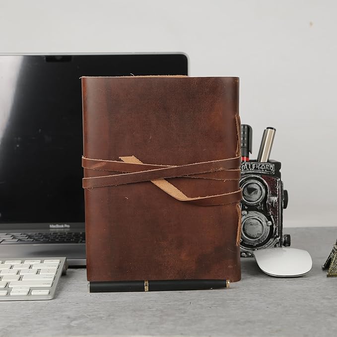 KomalC Dark Tan Leather Journal 7x5 | Handmade Vintage Notebook with Unlined Pages | Rustic Cotton Paper | Antique-Style Travel Diary & Sketchbook for Men & Women