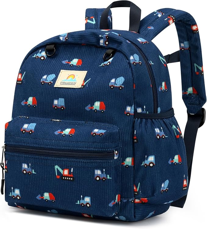 STEAMEDBUN Corduroy Toddler Backpack for Girls 2-4: Kids backpack for Boys Girls - 12 inch Preschool Kindergarten Backpacks - Blue Trucks
