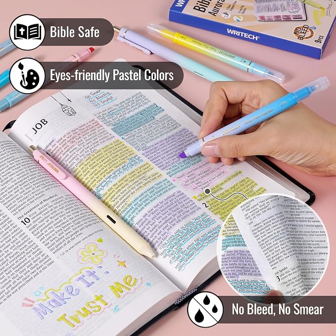 WRITECH Bible Mate Journaling Set: Highlighters & 1.0mm Ballpoint Pens 9ct | No Bleed Bible-Safe Dual Tip Highlighters + Black Pens Pastel Colors Quick Dry Ink Teachers Nurses Office