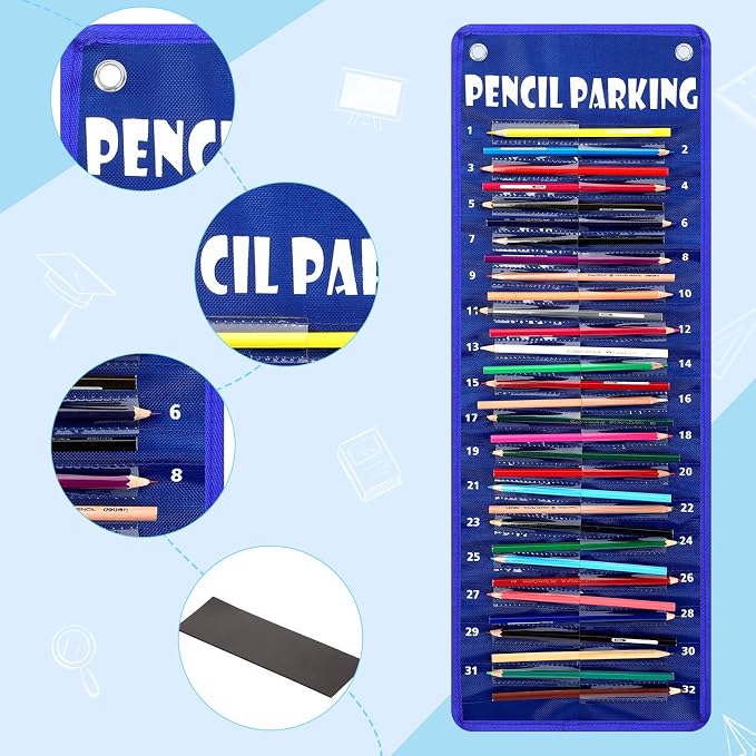 Sabary Pencil Parking Pocket for Classroom,Hanging Pencil Holder Wall Organization Numbered pencils Dispenser with Magnetic Strip Grommets for Back to School Student Essentials(Simple)
