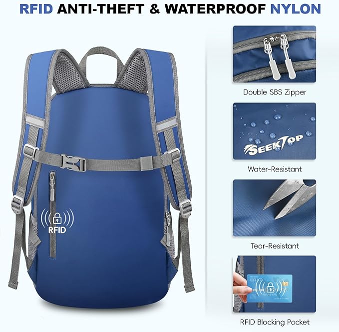 Seektop Lightweight Packable Hiking Backpack Water Resistant Expandable 20L-28L for Women Men, RFID Day Pack for Travel