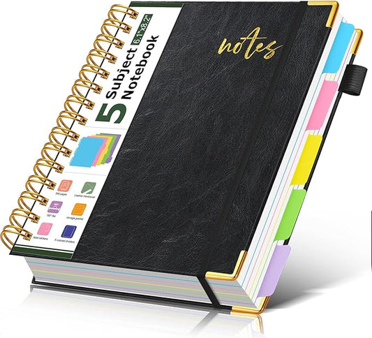 5 Subject Spiral Notebook Journal with Removable Dividers Tabs, 300 Pages Organizer Notebooks for Work School, A5 Hardcover Leather Notebook College Ruled, Lined Journal for Women Men，Black