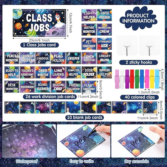 Blosssound Class Jobs Pocket Chart with 31 Cards 40 Colored Clips Classroom Teacher's Helper Management Educational Pocket Chart Bulletin Board Decorations Preschool Supplies(Outer Space)