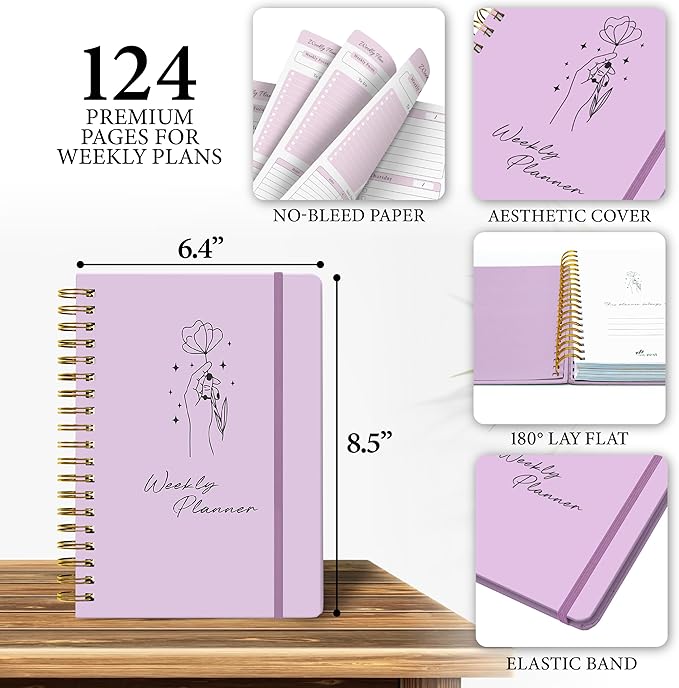 Undated Weekly Planner & Notebook for Work, School & Home — Aesthetic Hardcover Spiral Blank Planner with Habit Tracker, Goal Organizer & To Do List—124 No-Bleed Pages, 6.4×8.5", Purple