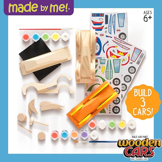 Made By Me Build & Paint Your Own Wooden Toys, DIY Wood Craft Kit, Easy to Assemble, 3 Cars