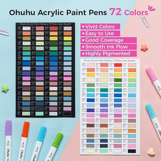 Ohuhu Acrylic Paint Markers Dual Tips: 72 Colors Brush & Dot Paint Pens High Opacity Acrylic Markers Waterproof Lightfast for Rock Painting 3D Prints Egg Wood Glass Ceramic DIY Crafts - Akaka