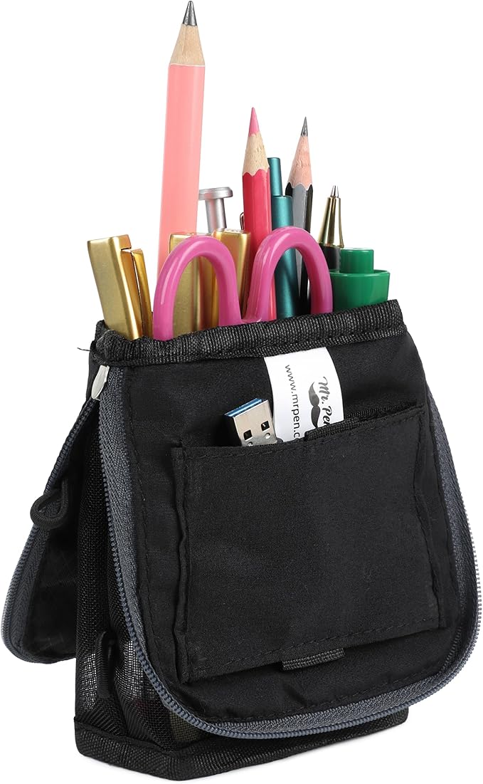 Mr. Pen- Standing Pencil Case Pouch, Sit & Lay Mesh-View Design, Black with Gray Zipper, Interior Pocket & 2 Elastic Binder Loops, Cute Pencil Case for Girls and Boys