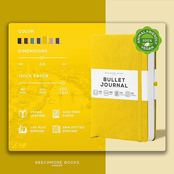 BEECHMORE BOOKS A5 Dotted Journal – 160gsm Thick Paper No-Bleed Bullet Notebook – Hardcover Dot Grid Logbook with Presentation Gift Box – Vegan Leather Sketchbook for Artists & Professionals