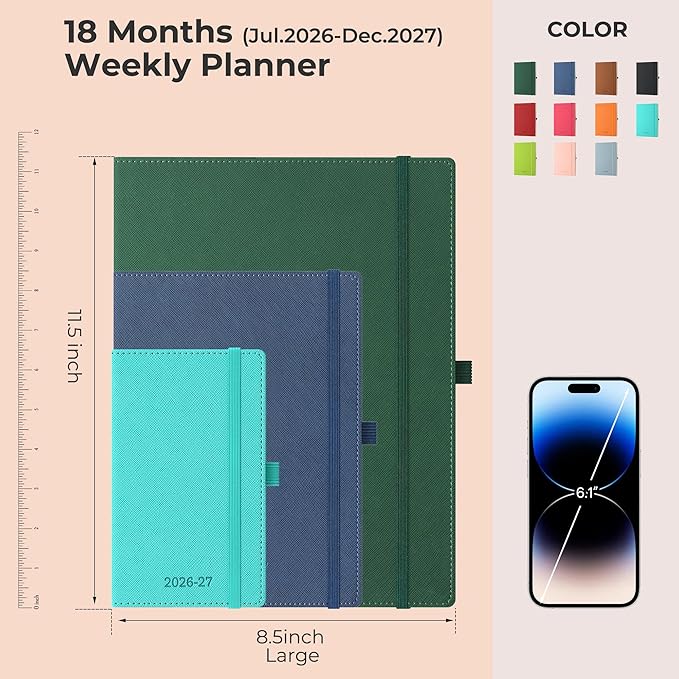 Weekly Monthly 2026-2027 Planner (July 26-Dec 27),11.5"x8.5",18 Months Agenda Plan with Month Tabs & Pocket,Expenses/Note Pages, Academic Calendar with Vegan Leather Cover,Green