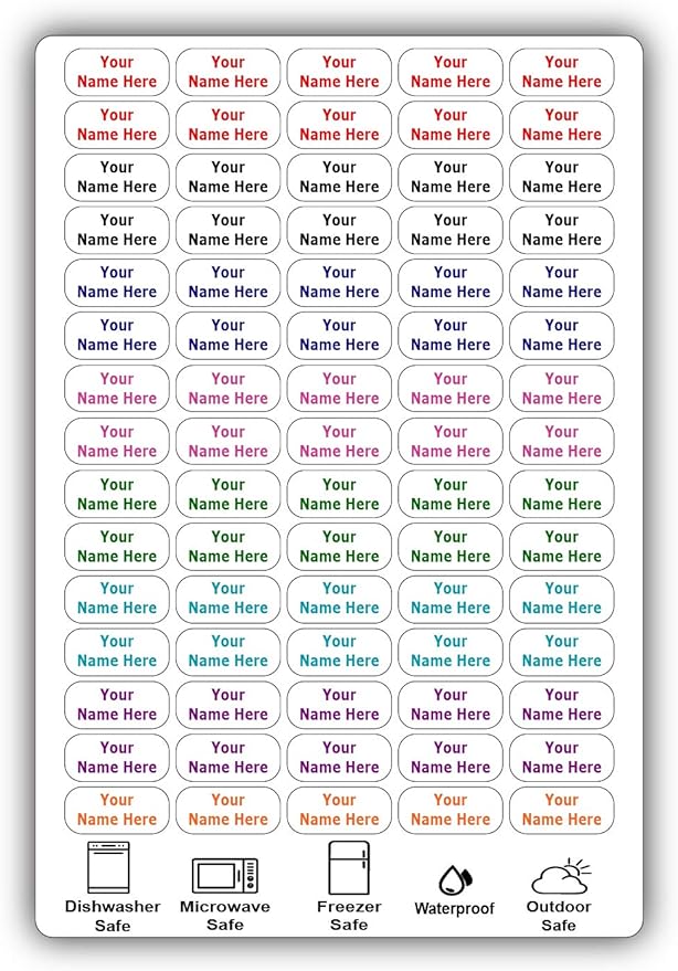 75 Personalized Waterproof Name Labels. Press and Stick Multi use Custom Name Labels. Customized 2 Lines of Text and Color. ID Identification Name Stickers with Permanent Self Adhesive.