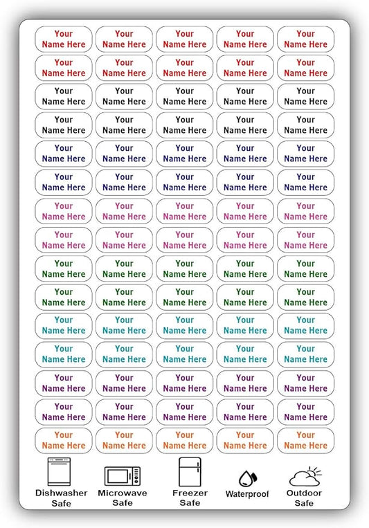 75 Personalized Waterproof Name Labels. Press and Stick Multi use Custom Name Labels. Customized 2 Lines of Text and Color. ID Identification Name Stickers with Permanent Self Adhesive.
