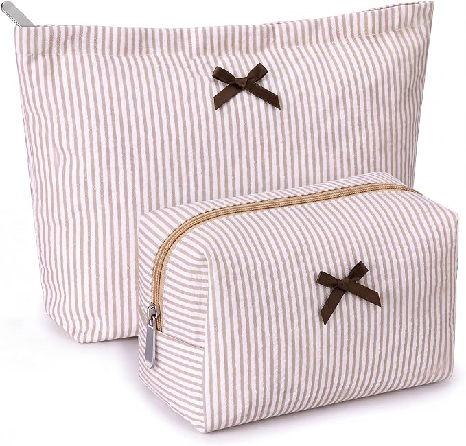 Huhumy 2 Pcs Bow Tie Makeup Bag Set, Stripe Cosmetic Pouch for Women, Seersucker Travel Toiletry Bag, Preppy Makeup Purse Pouch, Aesthetic Skincare Brushes Storage Organizer for Women Gifts (Khaki)