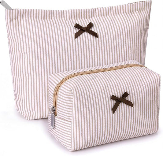 Huhumy 2 Pcs Bow Tie Makeup Bag Set, Stripe Cosmetic Pouch for Women, Seersucker Travel Toiletry Bag, Preppy Makeup Purse Pouch, Aesthetic Skincare Brushes Storage Organizer for Women Gifts (Khaki)