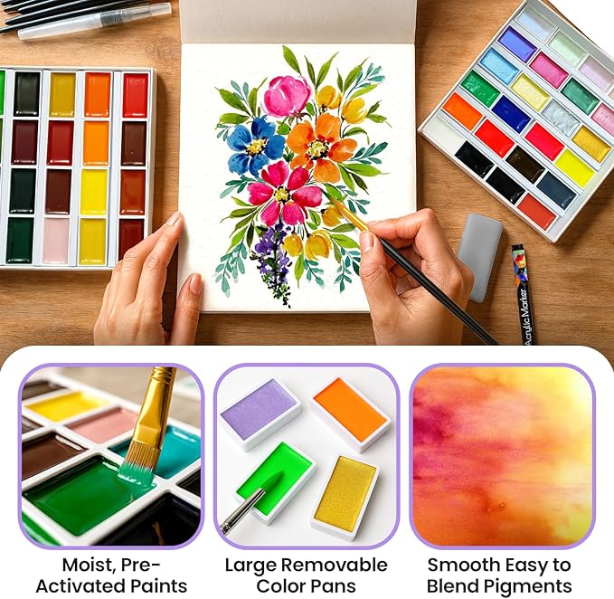 Chalkola Professional Watercolor Paint Set - 48 Semi Moist Water Colors Paint Adult Set, XL Pans | With Painting Brushes, Water Color Pad & Art Supplies | Suitable for Adults, Kids, Beginner & Artists