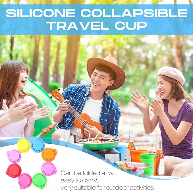 Funnymoom 8 Pcs Collapsible Travel Cups with Lids 7 oz Silicone Folding Camping Cup Reusable Drinking Cup Sets for Outdoor Hiking Camping and Travel(Rainbow Colors)