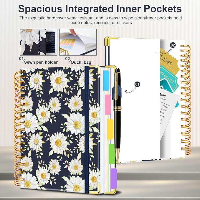 Spiral Journal Notebooks for Work, 300 Pages 5 Subject Notebook College Ruled with Dividers & Tabs, A5 Notebook Journal for Women Students Note-Taking and Organizer (White Daisy)