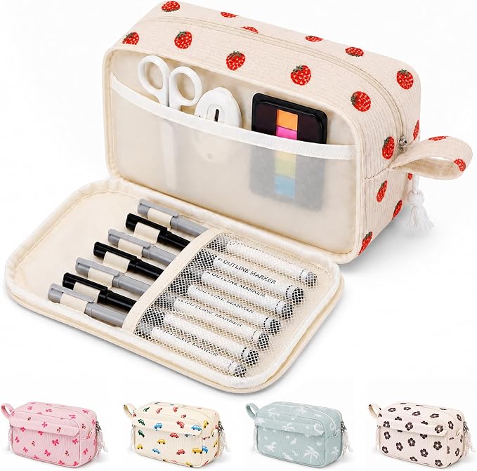 Big Capacity Pencil case,Soft Corduroy Pencil Bag with 3 Compartment,Pencil Pouch School Supplies Cute Pencil Box Pencil Bag for Teen Girls Boys College (Strawberry)