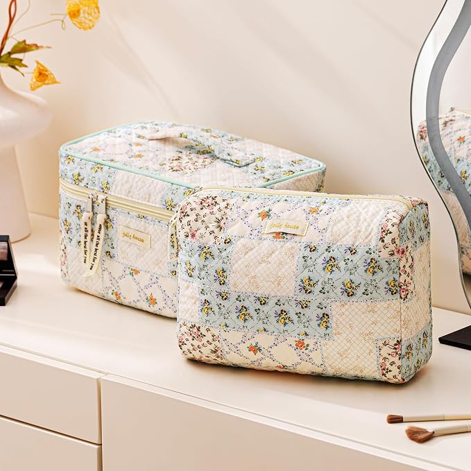 HBselect Quilted Makeup Bag, 3Pcs Cotton Large Travel Makeup Bags Organizer | Cute Floral Make up Bag Cosmetic Bag Toiletry Bag for Women Girls, Makeup Pouch for Skincare, Brushes & Travel Essentials