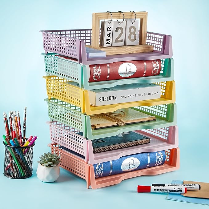 gisgfim 6 Pcs Turn in Trays Classroom Pastel Paper Tray for Classroom Organization and Storage Stackable Plastic Book Baskets Turn in Bins Teacher Organizers for Library Drawers School Office Desk