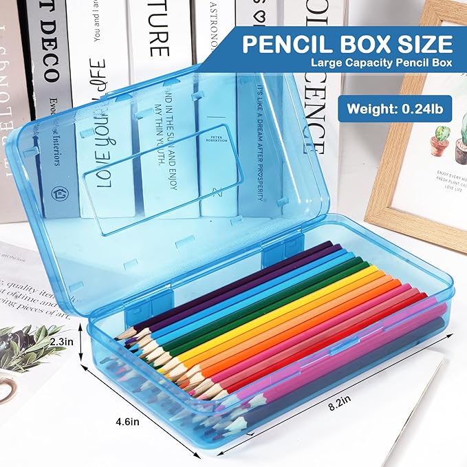 Colored Plastic Pencil Box, Large Capacity Pencil Case, Pencil Boxs for Kids Adults, Hard Crayon Box Storage with Snap-Tight Lid for School Office Supplies (Blue)