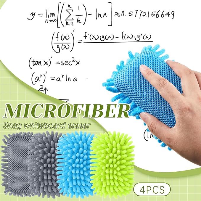 Zonon 4 Pieces Dry Erase Eraser Microfiber Shag Washable Whiteboard Eraser for Markers, Chalk, Home and Office (Blue,Green,Gray)