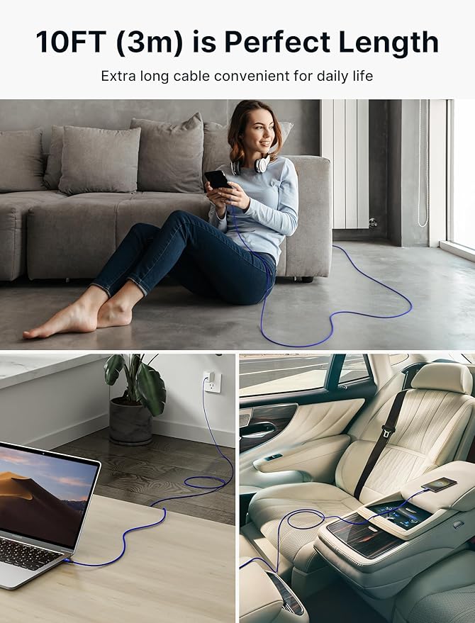 JSAUX 100W USB C to USB C Cable [2-Pack 10FT], Type C Fast Charging Cord for iPhone Air/iPhone 17/iPhone 17 Pro/iPhone 17 Pro Max, iPhone 16/15 Series, Galaxy S/Note Series, MacBook, iPad - Blue