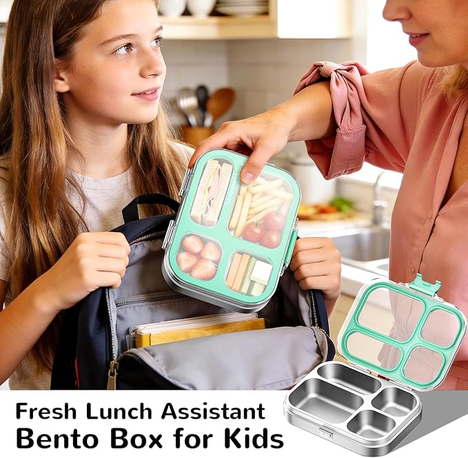 G.a HOMEFAVOR Stainless Steel Lunch Box - 4 Compartments Bento Box for Kids, Leakproof Food Container for School, Office, Dishwasher Safe, BPA-Free, 800 ml/27 oz, Green
