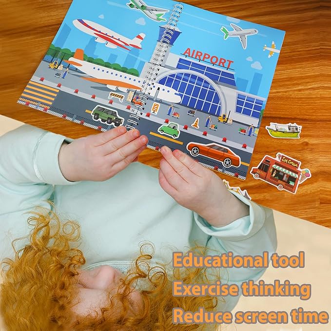 Jelly Sticker Books for Toddlers 2-4 Years, Reusable Sticker Book for Kids 1-3, Toddler Easter Basket Stuffers＆Travel Essentials Vehicles Stickers for Kids Toddler Plane Activities (Vehicles)