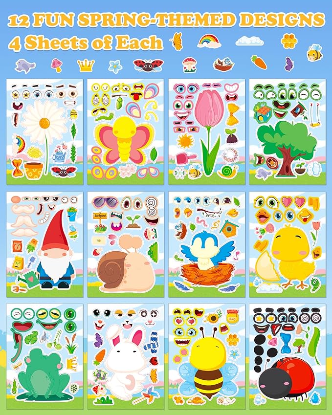 Aowplc Spring Make-a-Face Stickers for Kids 48 Sheets Mix 'n Match Cute Spring Crafts & Party Favors