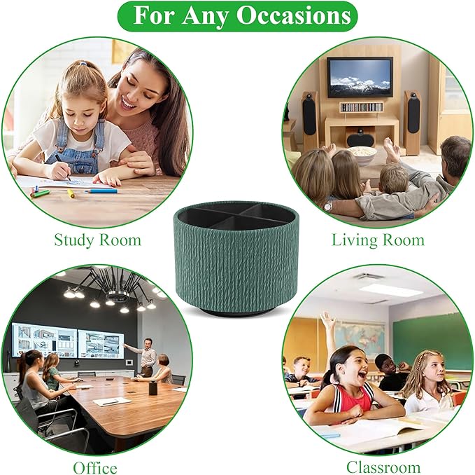 Round Leather Art Supply Organizer,Remote Control Holder,360 Degree Spinning,Multi-Functional Pencil Holder,4 Compartments Desktop Stationary Organizer(1-Wood Green)
