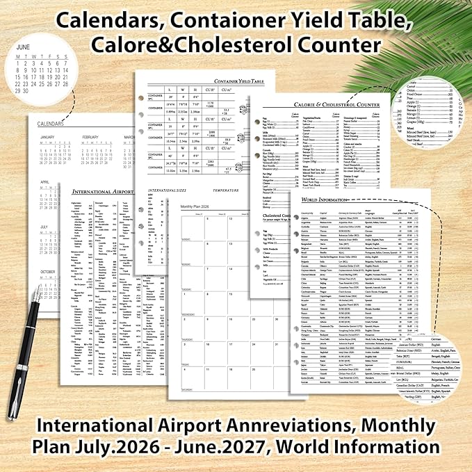 2026–2027 Weekly Planner Refills for A5 6-Ring Binder, Monthly Planner Jul 2026 to Jun 2027 with Schedule Planner, Personal Organizer, Contacts, Diary Refills 100 GSM Weekly Planner