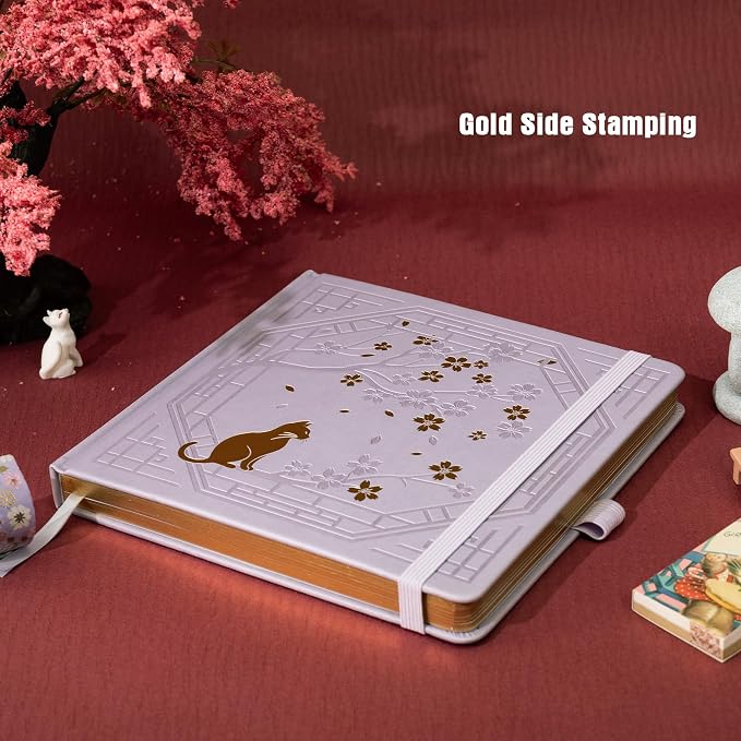 TIEFOSSI Square Dotted Journal, Cute Cat Journal for Women Girls, Dot Notebook with Pretty Sakura Pattern, Aesthetic Diary for Writing Journaling Drawing, Golden Edges, 8 x 8 IN