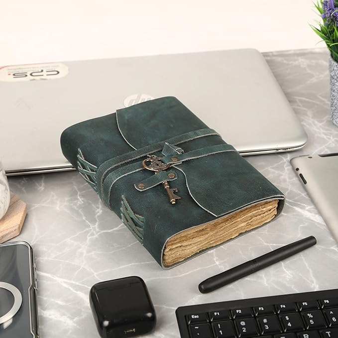 Leather Journal with Deckle Edge Paper 8x6 inch and Vintage Key | Handmade Writing Notebook Diary | Bound Daily Notepad for Men & Women Medium, Sketch/Writing pad for Artists