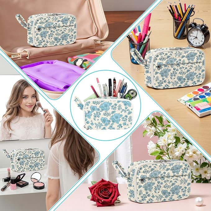 WOBAGMEN Quilted Pencil Pouch for Girls Women, Large Pencil Case Pouch with Compartments Cute Aesthetic Pencil Case Organizer, Floral Pencil Bag for School Supplies (blue floral)