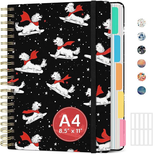Large Spiral Lined Notebooks for Work with Removable Dividers & Tabs, 8.5"x11" Pretty Hardcover 5 Subject Notebook Journal for Women, College Ruled, for Study & Office, 280 Pages, Skate Pup