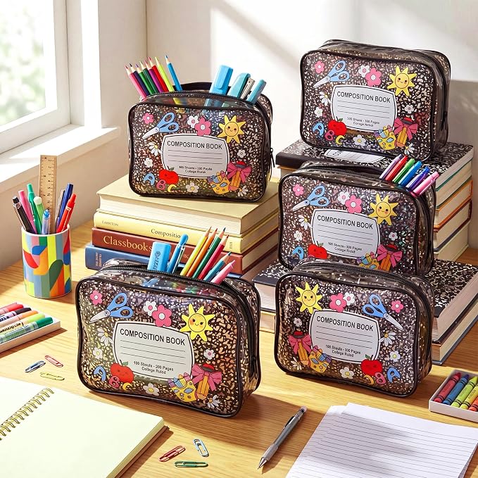 Suclain 12 Pcs Back to School Teacher Gift, Teacher Survival Kit Bag, Cute Composition Book Zipper Cosmetic Pouches, Transparent PVC Pencil Case Waterproof Toiletry Makeup Bag for School Supplies