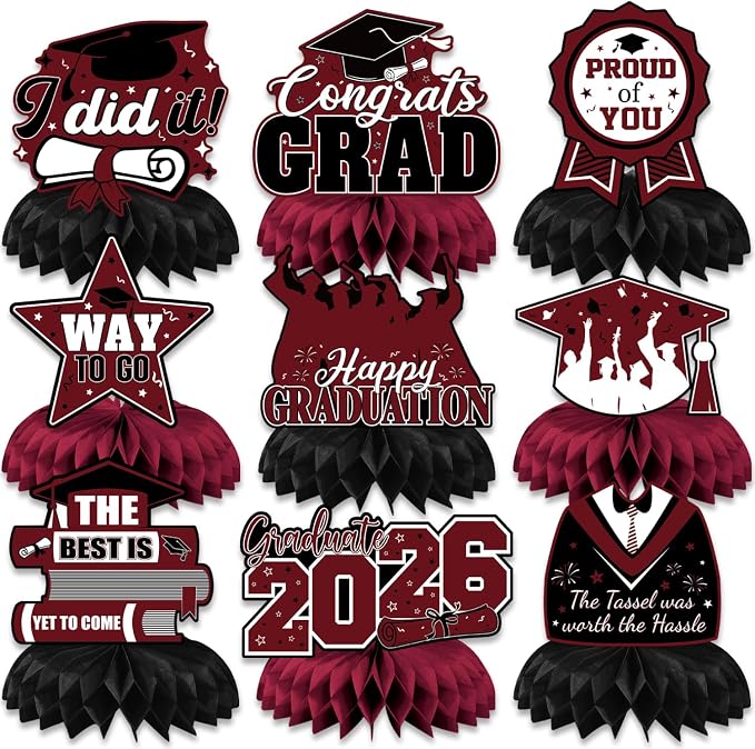 Graduation Table Decorations, Red Black Honeycomb Centerpiece Glitter Graduation Centerpieces for Tables Congrats Grad Table Toppers Congratulate for Class of 2026 Grad Party Supplies, 9Pcs