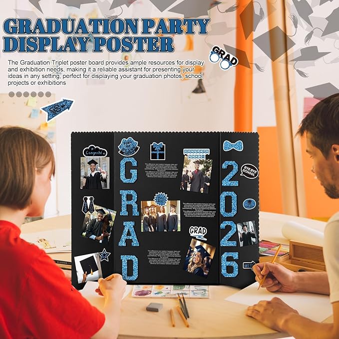 MiniInflat 4 Set 2026 Graduation Picture Trifold Poster Board Double-sided Foldable Photo Display Board Graduation Decoration for Class of 2026 High School College DIY Craft(Blue,24 x 16 Inches)