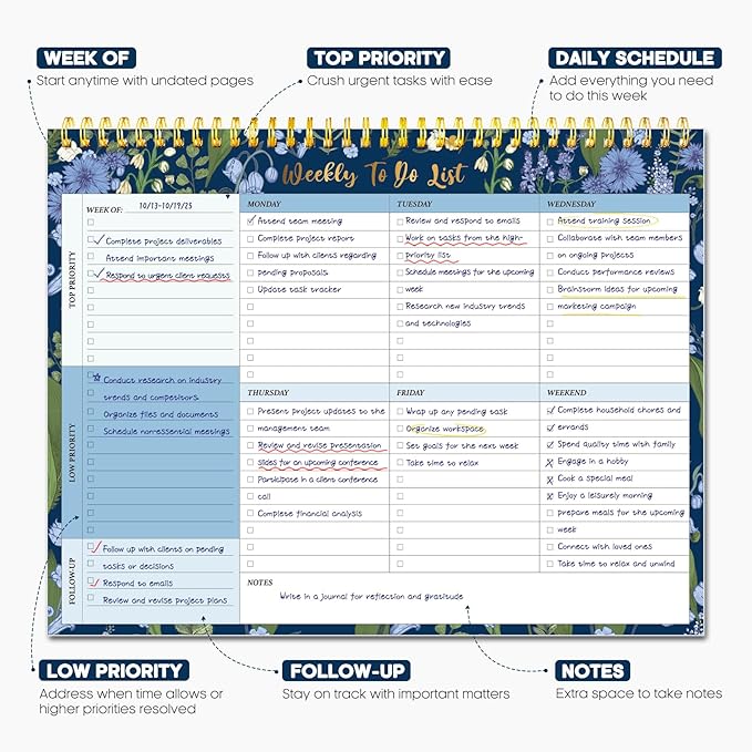 Taja Weekly To Do List Notepad with 52 Undated Sheets（8.5"×11"）- Weekly Desk Planner for Women & Man, Work and Home - 1 Pack Ocean Bloom